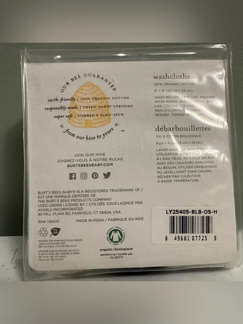 Burts Bees Soft 100% Organic Cotton Baby Washcloths Set of 3 New